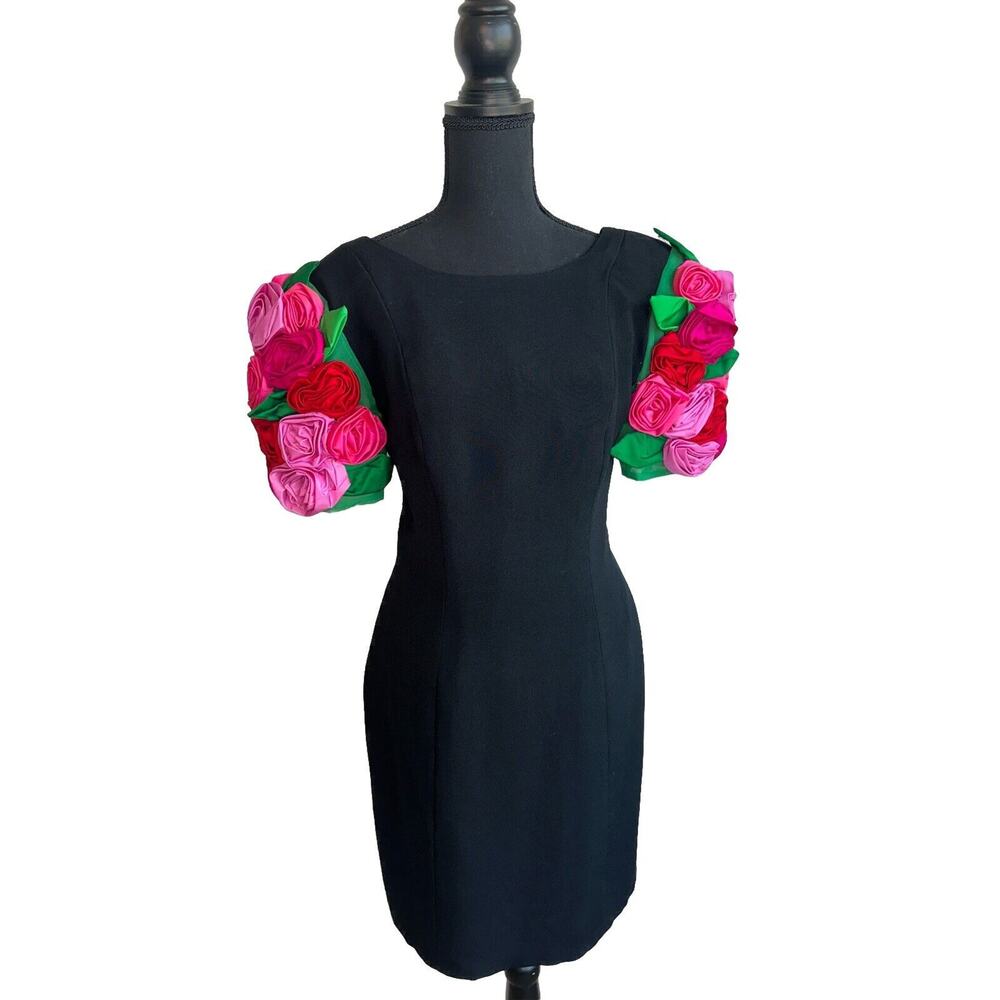 Vintage Martha Phillips Flowers Black Sheath Dress Couture 1980’s Pink Red Green